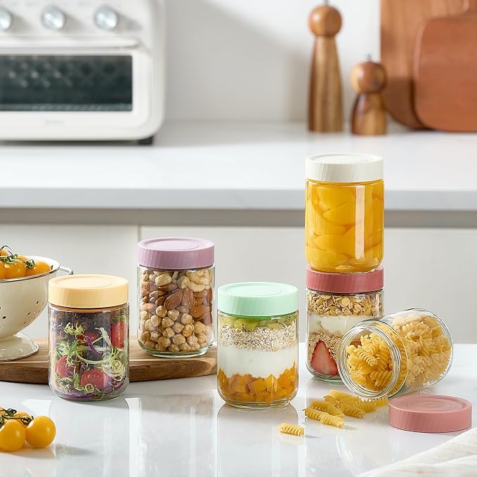 Danmu 16 oz Overnight Oats Containers with Lids,Meal Prep Containers 6 Pack,Mason Jars 16 oz with Lids for Snack,Overnight Oats,Yogurt,Parfait,Soup,Smoothies,Salad 100% Leak-proof Dishwasher Safe