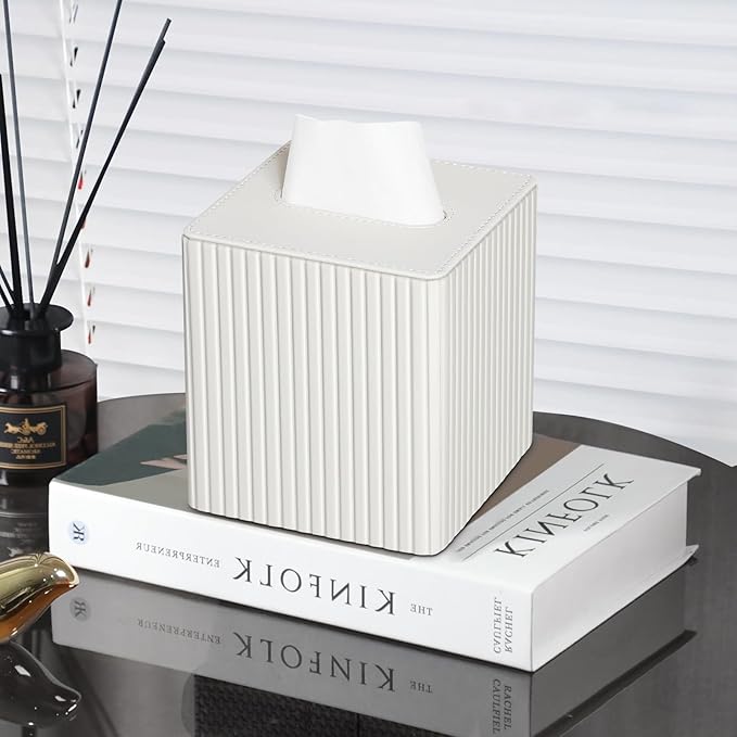 MEIBOOCH PU Leather Tissue Box Cover Square Tissue Box Holder with Magnetic Closure (Ivory Stripe)
