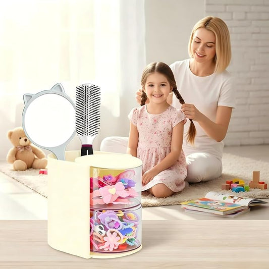Hair Accessories Organizer with Hair Brush Holder, Rotatable Makeup Brush and Jewelry Storage Box for Hair Clips, Earrings, Necklaces, Bracelets, Rings, and Daily Accessories (Off White,2-Layer)