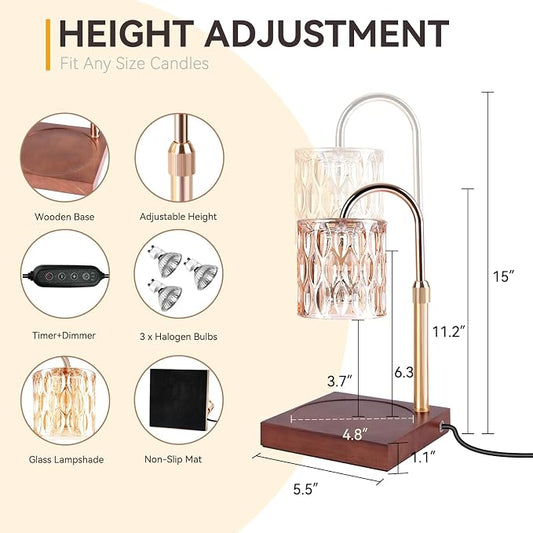 TOACSUCP Candle Warmer Lamp with 3 Bulbs, Adjustable Height Dimmable Candle Warmer with Timer, Compatible with Large Jar Candles, Candle Lamp with Charming Gift Box Ribbon for Her/Him(Walnut)