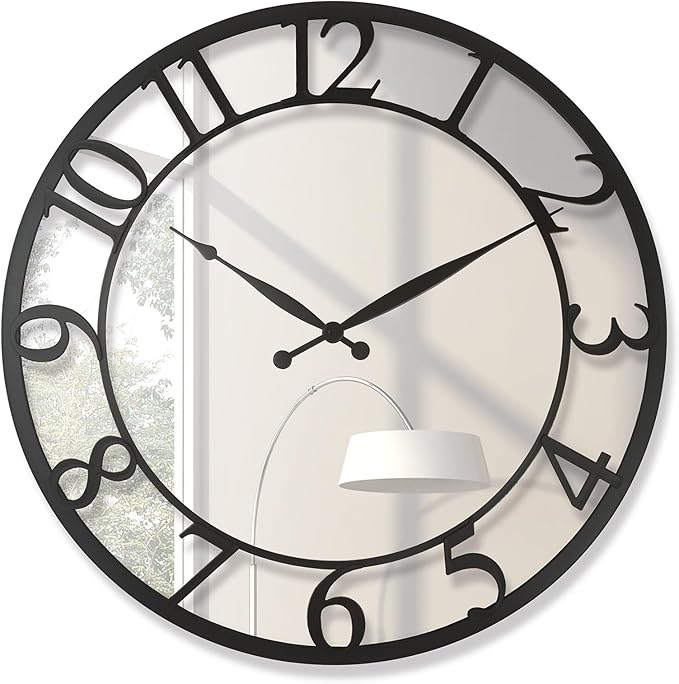 CLXEAST 21 Inch Mirrored Glass Wall Clock Decorative, Large Black Arabic Numeral Wall Clocks for Modern Farmhouse Living Room Decor,Reloj De Pared para Sala
