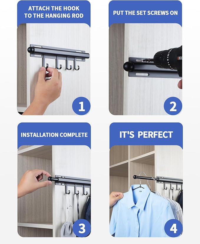 Valet Rod for Closets Pull Out Closet Valet Rod Slide Out Extra long 16.5 inch Black Valet Rods for Closets With 6 Hooks