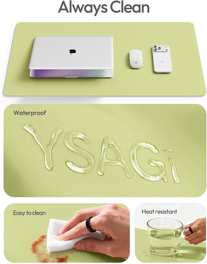 YSAGi Leather Desk Protector, Office Mat, Large Mouse Mat, Non-Slip PU Leather Blotter, Laptop Desk, Waterproof Writing Pad for Office and Home (Peak Green, 35.4" x 17")