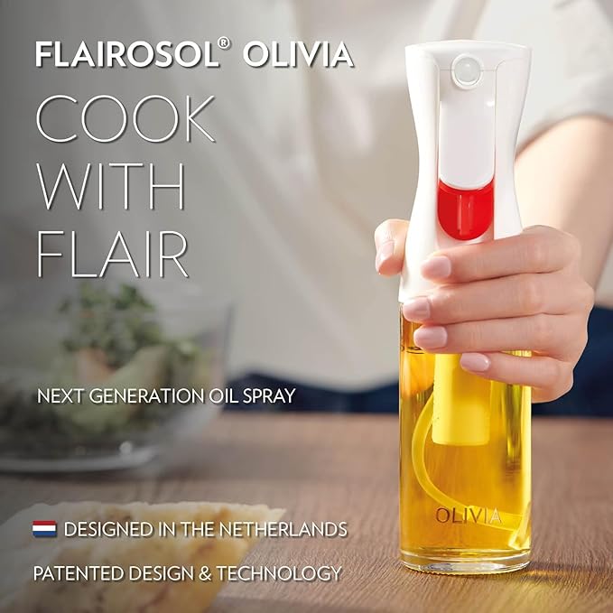 OLIVIA SIGNATURE Advanced Kitchen Oil Sprayer with Flairosol Technology, Fine Mist & Portion Control, Refillable Glass Olive Oil Cooking Spray Bottle for Air Fryer, Salad, BBQ, 130ml (Gold Print)