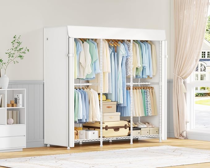 ULIFHOME E14C Heavy Duty Closet Organizer System,Freestanding Clothing Racks for Hanging Clothes,Adjustable Garment Rack 58" W × 16" D × 77" H Hold 860 lbs,White Rack with White Cover