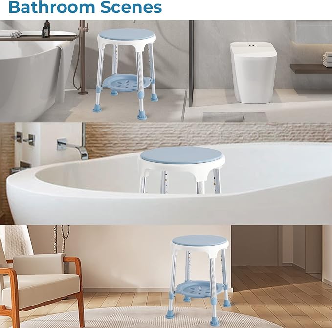 Shower Chair Stool for Inside Shower, Small Corner Plastic Stool for Shower 300 Lb,360° Swivel Bath Shower Seat for Seniors Adults Sitting, Adjustable Bathtub Stool with Storage Tray (Blue)