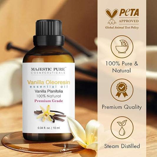 Majestic Pure Essential Oil with Glass Dropper - 100% Pure and Natural - Essential Oils for Diffuser, Aromatherapy, Soap and Candle Making, Vanilla Essential Oil, Vanilla Oil, 0.3 Fl Oz