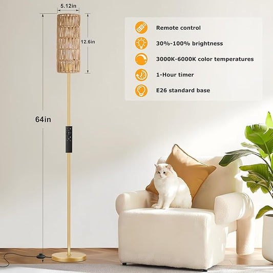Ambimall 64'' Floor Lamps for Living Room with Remote Control and Stepless Dimmable Colors Temperature & Brightness, Boho Gold Standing Lamp with Beige Rattan Shade
