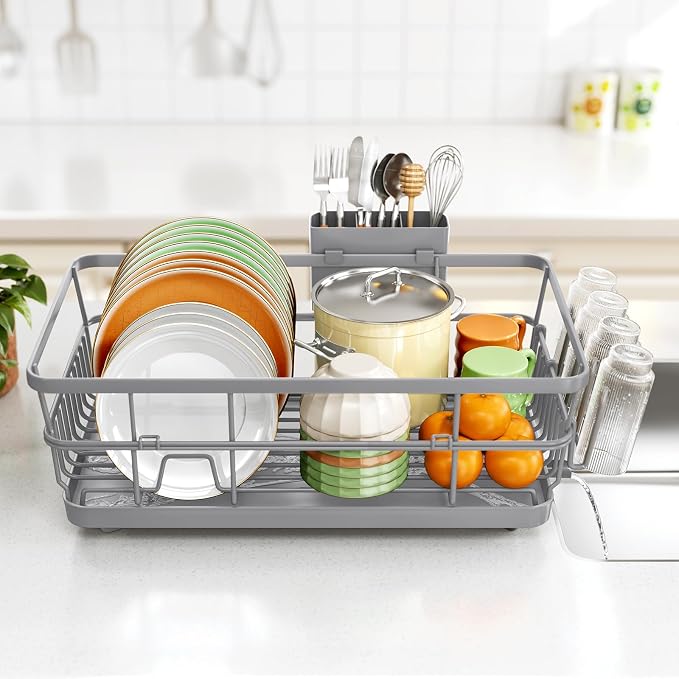 TOOLF Dish Drying Rack, Dish Racks for Kitchen Counter, Stainless Steel Sink Organization and Storage Essentials with Cutlery Holder, Dish Drainer, Home and Apartment Decor, 12.4''W x 16.5''L, Gray