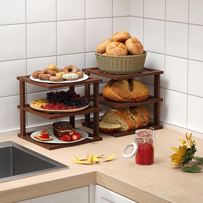 4 Pack Bamboo Corner Shelf,3 Tier Kitchen Cabinet Organizer for Plates and Dishes,Pantry Storage and Spice Rack(Brown)