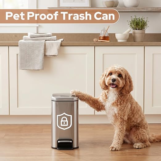 Small Bathroom Trash Can w/Lid Soft Close, 6 Liter/1.6 Gallon Stainless Steel Garbage Can w/Inner Bucket, Trash Bin Waste Basket for Kitchen, Bedroom, Living Room, Office, Toilet, Silver
