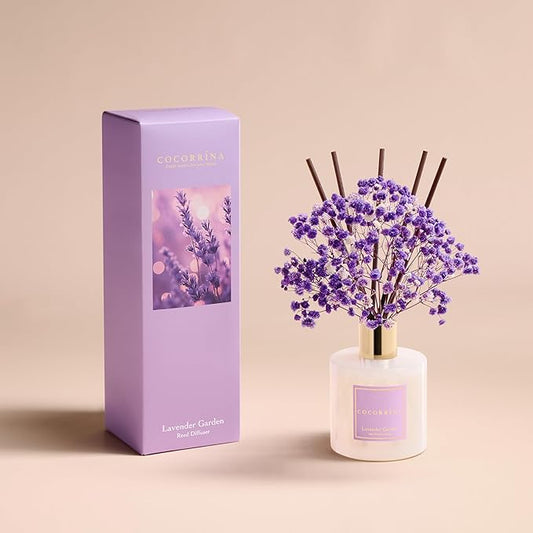 COCORRΓNA Reed Diffuser - Lavender Garden 6.7 Fl.oz Reed Diffuser Set with Sticks & Preserved Baby's Breath, Reed Diffuser for Home Bathroom Shelf Decor