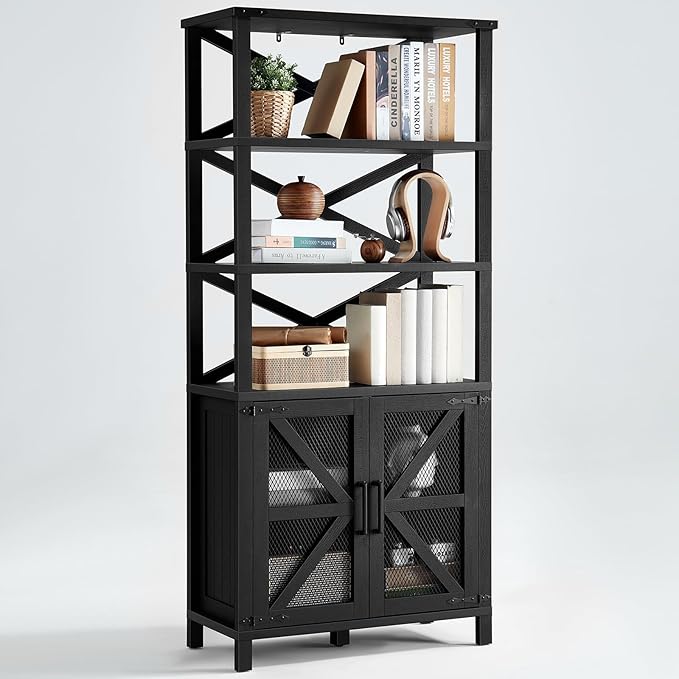 5 Tier Bookshelf 70" Tall Bookcase with Barn Doors,Large Farmhouse Display Book Shelf with Adjustable Shelves and Storage Cabinet, Wood Bookshelves for Living Room,Kitchen,Antique Black(2PCS)