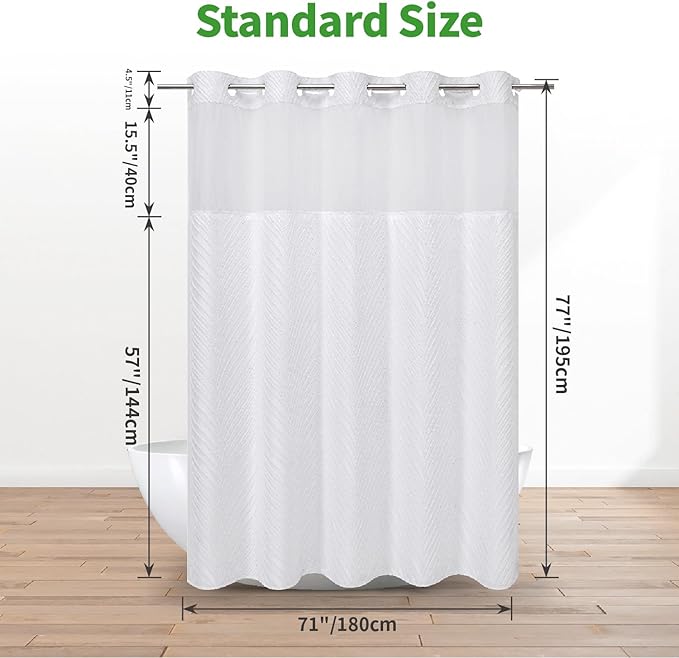 no Hook Shower Curtain and Liner Set,Boho Style with See Through Top Window, White Fabric Tufted Striped Textured Outer Curtain & Waterproof Inner Liner, White, 71Wx77H