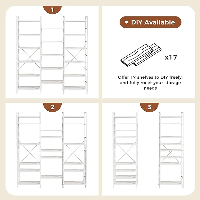 SUPERJARE Triple Bookshelf, Bookcase with 11 Open Display Shelves, Wide Book Shelf Book Case for Home & Office, 6 Tier, White