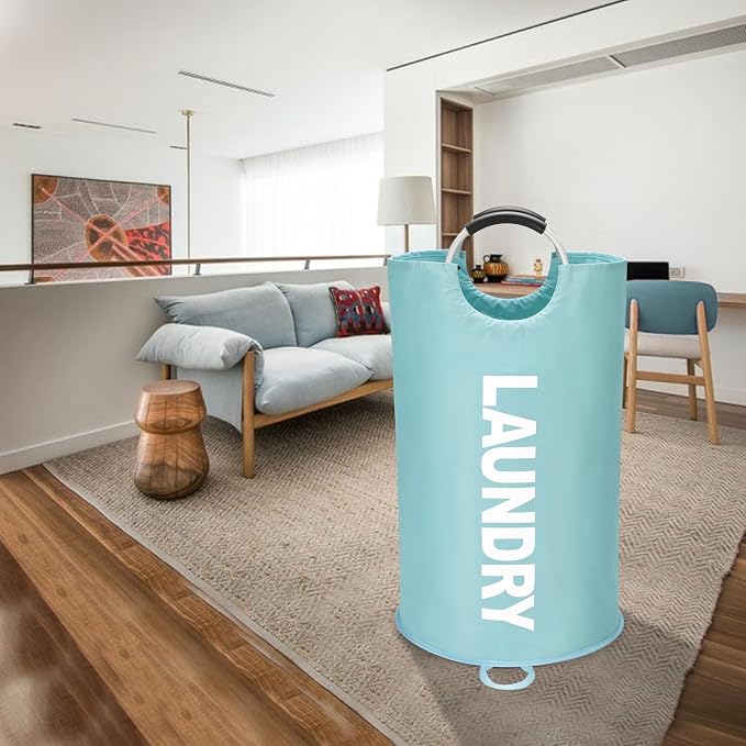 Maxsilan 90L Large Laundry Basket, Freestanding Tall Clothes Hamper, Collapsible Laundry Bag, Light Blue