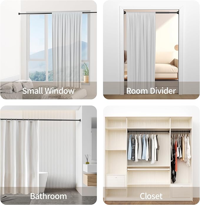 Mcrbeay Shower Curtain Rod, 1" Diameter Heavy Duty Tension Shower Rod, Non Slip Adjustable 28-102 inch No Drilling Shower Curtain Rods Spring Tension For Bathroom, Shower Stall, No Rust, Black