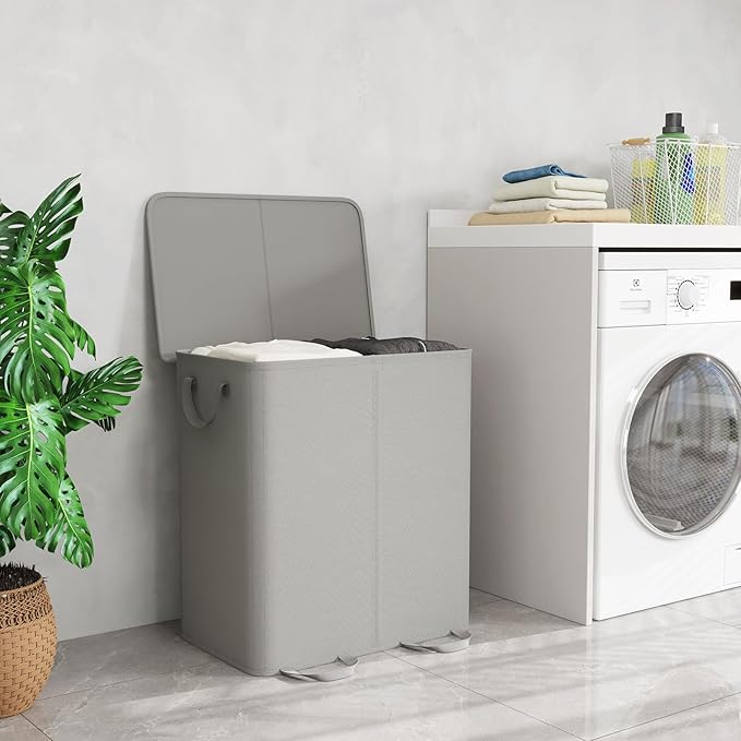 Lifewit Double Laundry Hamper with Lid and Removable Laundry Bags, Large Collapsible 2 Dividers Dirty Clothes Basket with Handles for Bedroom, Laundry Room, Closet, Bathroom, College, 136L Silver Gray