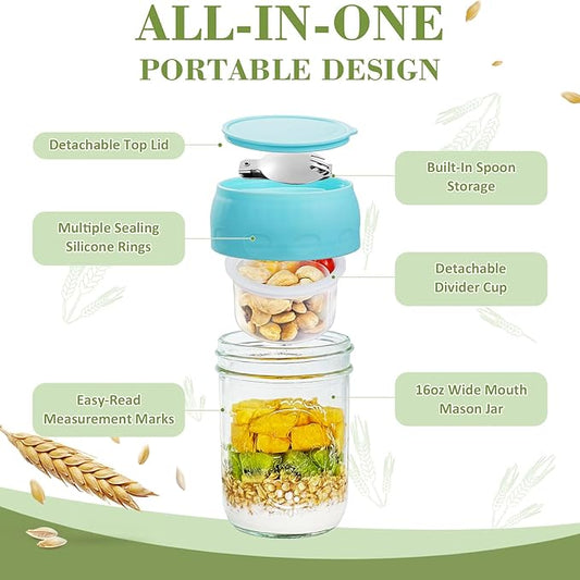 Miuyhji Overnight Oats Containers with Lids, 2-Pack Glass Mason Jars 16 oz with Lids, Folding Spoons and Separated Compartment, for Chia Pudding, Yogurt, Salad, Parfait Cups (Gray/Purple)