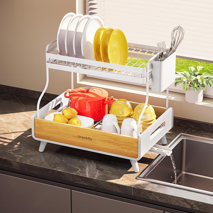 Urackify 2-Tier Dish Drying Rack, Large Stainless Steel & Bamboo Dish Rack for Kitchen Counter, Dish Drainers with Adjustable Automatic Spout, Drying Rack Kitchen with Utensil Holder, White