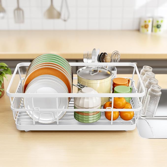 TOOLF Dish Drying Rack, Dish Racks for Kitchen Counter, Stainless Steel Sink Organization and Storage Essentials with Cutlery Holder, Dish Drainer, Home and Appartment Decor, 12.4''W x 16.5''L, White