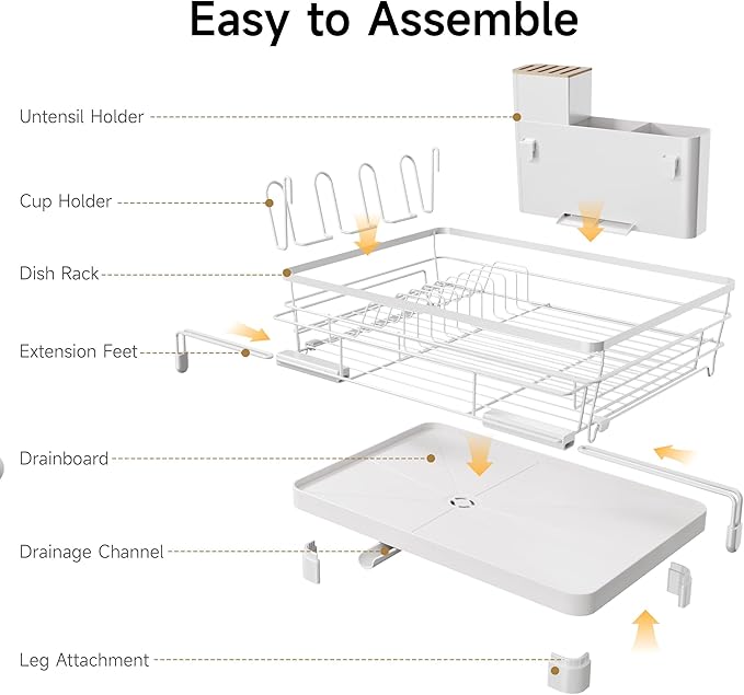 Runnatal Dish Drying Rack, Extendable Dish Rack Over Sink, Large Stainless Steel Dish Strainer with Drainboard, Utensil Holder & Cup Holder for Kitchen Counter, White