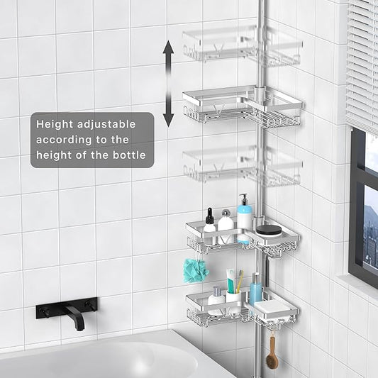 KEGII Corner Shower Caddy Tension Pole, Adjustable Shower Tension Rod Organizer, Floor to Ceiling Shower Caddy 25-114.2 inch, Silver