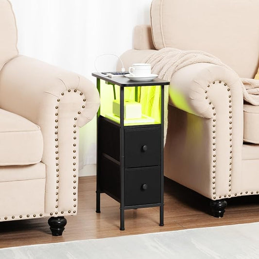 Narrow End Table Living Room with Charging Station, Skinny Side Table with Fabric Drawers, Slim LED Nightstand for Bedroom, Small Spaces, Couch, Black, HETNDP02LBK-1