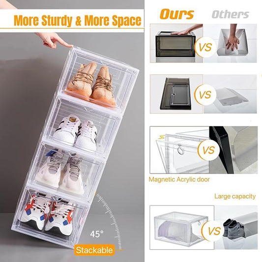 Attelite X-Large Clear Shoe Boxes Stackable Plastic Shoe Organizer ,Thicken & Sturdy Shoe Storage Box with Magnetic Door, Drop Front Shoe Box For Display Sneakers( 9 Pack, Clear White)