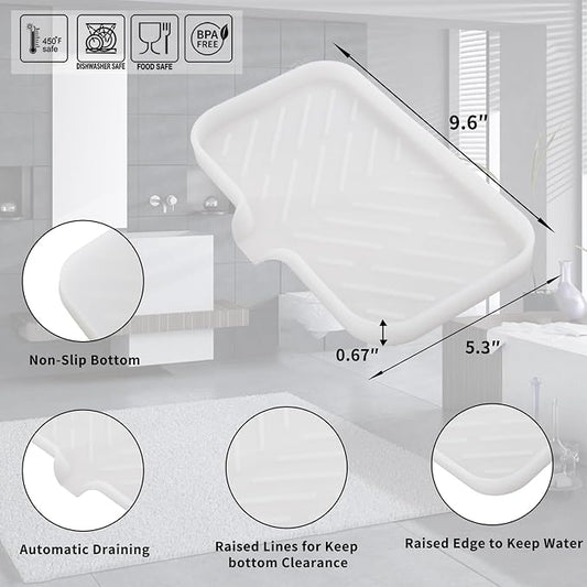 MicoYang Silicone Soap Dish with Drain Spout — Self-Draining Sink Organizer Tray for Bathroom & Kitchen, Sponges, Dispensers & Soap Holder, Non-Slip & Dishwasher Safe, Translucent (Medium, 9.6"×5.3")