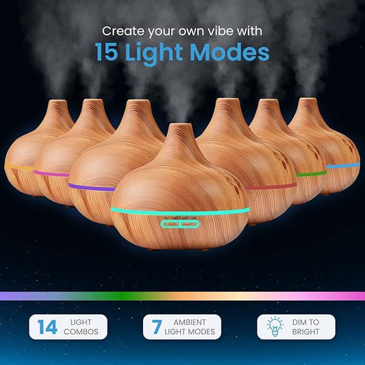 Ultimate Aromatherapy Diffuser & Essential Oil Set - Ultrasonic Top 10 Oils Modern with 4 Timer 7 Ambient Light Settings Therapeutic Grade Lavender