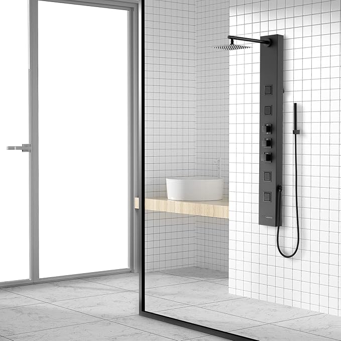 Achelous Square Rainfall Shower Head Panel System with Thermostatic,Stainless Steel High Pressure Turbo Body Jets Waterfall Shower Tower,Brass Handheld Wand in Matte Black
