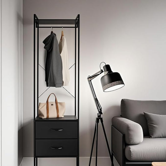 Clothing Rack with 2 Fabric Drawers - Black Steel Frame & Wood Shelf - Durable Clothes Stand Organizer with Hanging Rod - Space-Saving Closet Storage for Shirts, Dresses & Jackets
