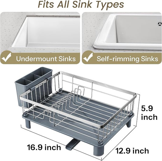 SNTD Dish Drying Rack - Small Dish Rack for Kitchen Counter, Stainless Steel Dish Drainer with Utensil Holder and Drainboard, 12.9" W x 16.9" L (Silver)