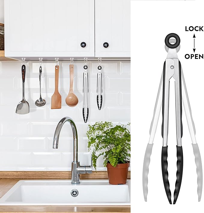HOTEC Premium Stainless Steel Locking Kitchen Tongs with Silicon Tips, Heat Resistant Cooking Tongs Set of 3-7", 9" and 12", Black