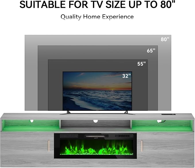 MXV 78" Fireplace TV Stand with Power Outlet for TVs UP to 90", Electric Fireplace Entertainment Center with LED Lights & Storage Cabinets, TV Console for Living Room, Office, Grey-Black