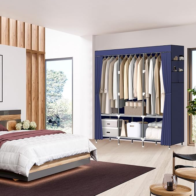LOKEME Wardrobe Closet,Portable Closet for Bedroom Steel Pipe Diameter 19mm Strong and Sturdy Navy Blue Portable Closets for Hanging Clothes with 3 Hanging rods, 6 Storage Shelves and Side Pocket