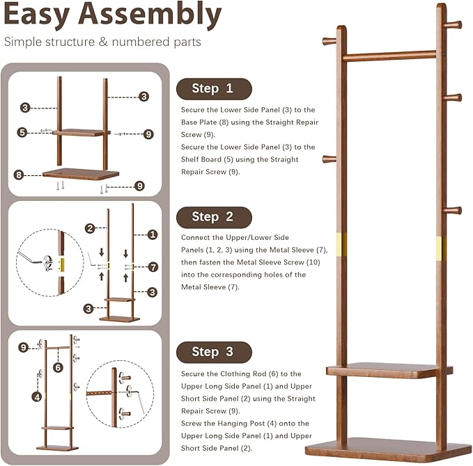 Coat Rack Freestanding Clothing Rack with 2 Shelves Storage & 5 Hooks Heavy Duty Clothes Rack Wood Coat Tree Stand Hat Hanger Rack (Walnut Brown, 18.9" x 11.8" x 70" (No Wheels))