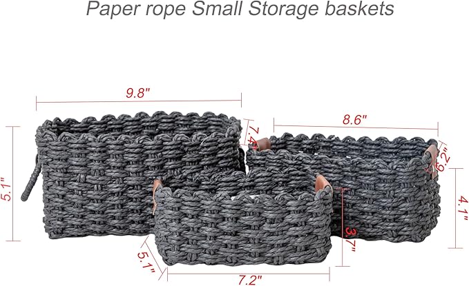 Paper rope Small Storage baskets for Organizing,Cute woven Little basket for Home,Shelves, Bathroom,Decorative basket,Set of 3 (Black)