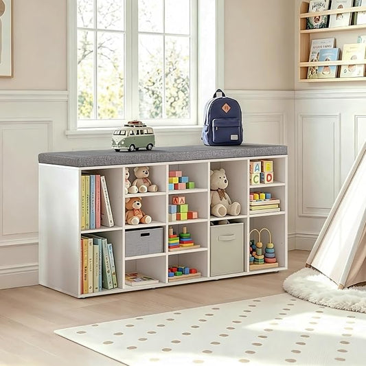 DINZI LVJ Shoe Storage Bench, 20-Cubby Shoe Rack Bench with Cushion, Fully Adjustable Shelves, Shoe Organizer for Closet, Entryway, Mudroom, Hallway and Garage, White