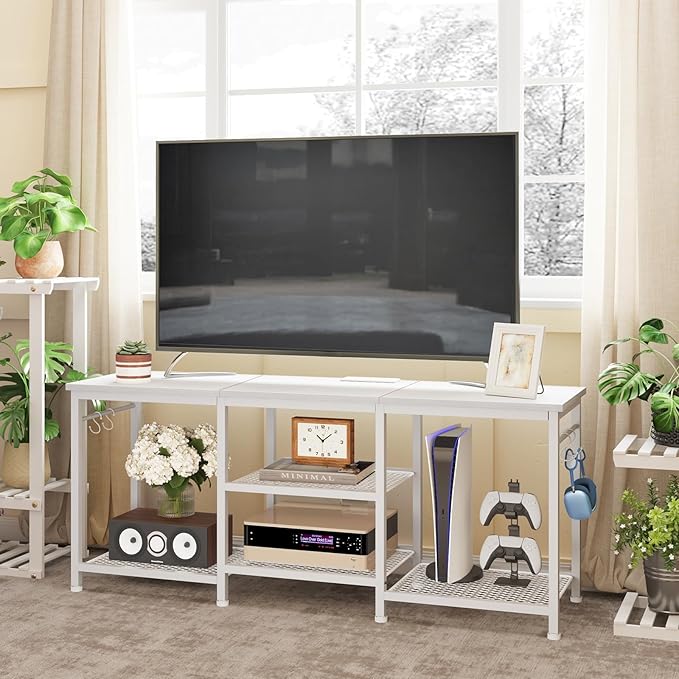 YGEOMER White TV Stand for Up to 50 Inch Tvs, Entertainment Center with Power Outlet and Open Storage Shelves, TV Console Table for Living Room Bedroom