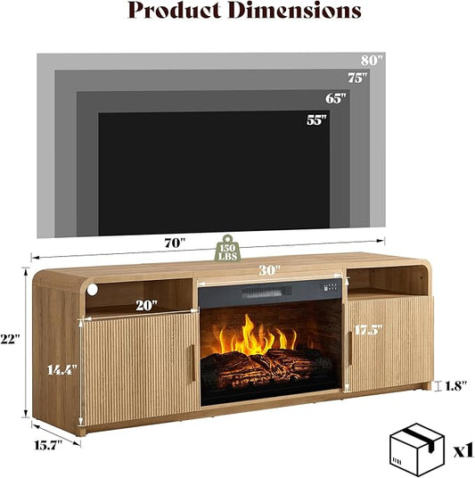 AMERLIFE 70" Fluted Fireplace TV Stand for TVs Up to 80", Modern TV Console with 30" Electric Fireplace & Storage Cabinets, Media Entertainment Center for Living Room, Natural Oak