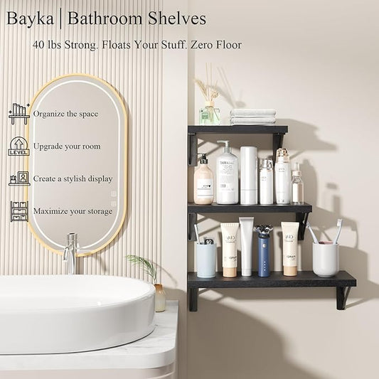BAYKA Wall Mounted Floating Bathroom Shelves, Wood Floating Wall Shelf for Bathroom Essentials & Decor, Small Space-Saving Display & Organizer(Black,Set of 3)