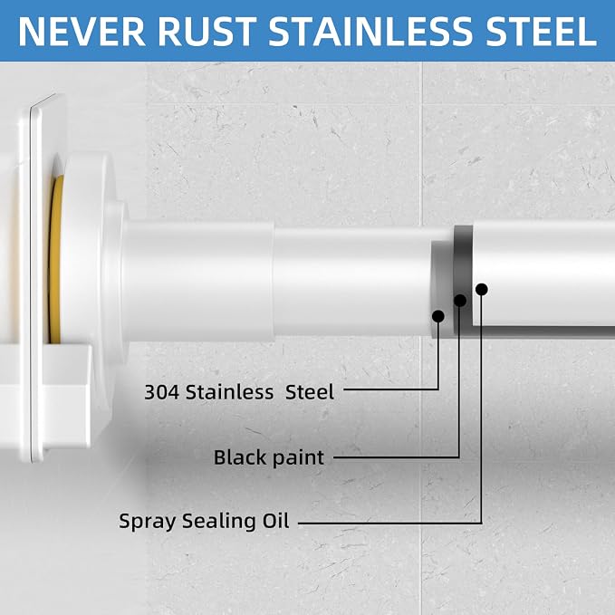 CorkLatta White Shower Curtain Rod,1 Inch Diameter Stainless Steel Adjustable Spring Tension Rods 32 to 80",with Holders,Anti-Slip,Curtain Rods No Drilling(1 Pack)