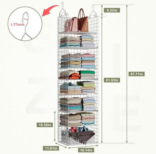 X-cosrack 8-Tier Closet Hanging Organizer Shelf - Hanging Clothes Organizer Shelves, Metal & Foldable Hanging Closet Organizer Baskets with Adjustable Dividers for Clothing Sweaters Shoes Handbags