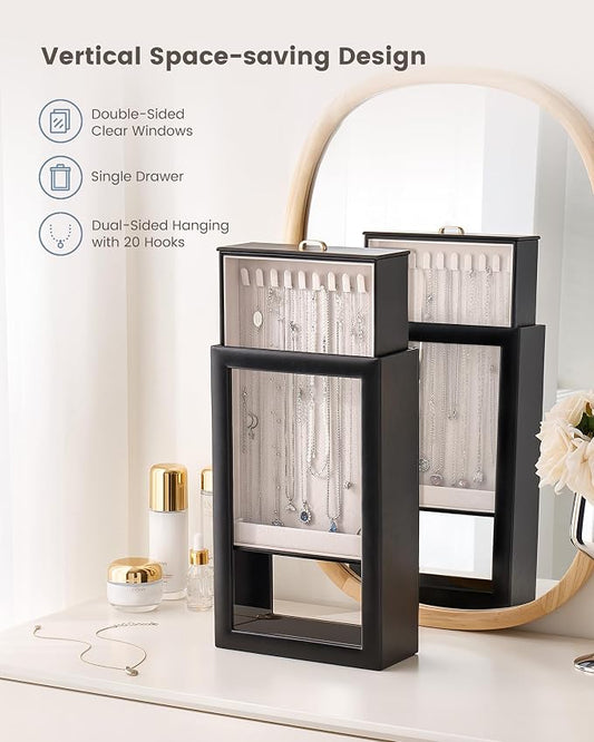 Lolalet Upgraded Double-Sided Hanging Necklace Organizer Box, Jewelry Display Case with Double-Sided Clear Window for Necklaces Bracelets, Tangle-Free Necklace Storage Box, Black, 1-Layer 20 Hooks