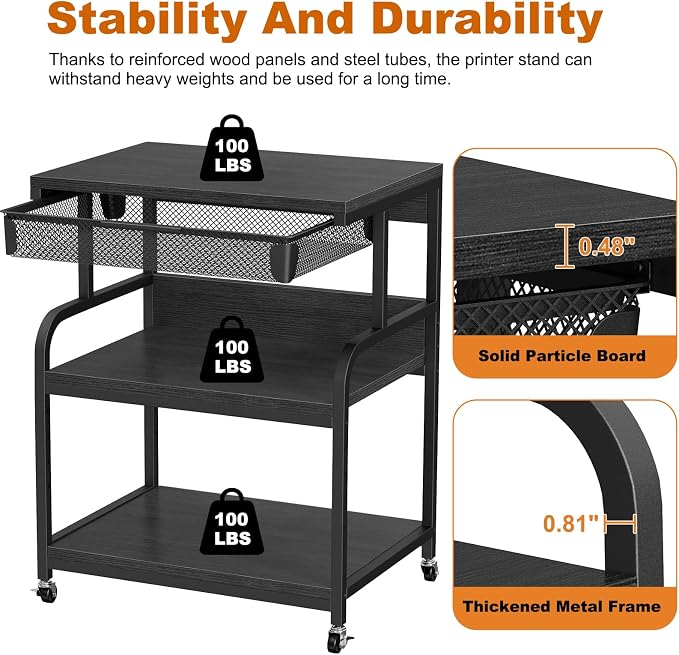 EasyCom 23.6''x18.9'' Extra Large Printer Stand with Drawer, 5-Adjustable Heights 3 Tier Table with Wheels, Rolling Printer Cart with Storage for Printer Scanner Fax Home Office Use