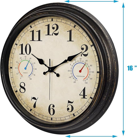 16 Inch Large Outdoor Clock with Thermometer and Hygrometer Combo, Waterproof Indoor Outdoor Wall Clocks for Patio, Pool,Garden Decor- Retro Bronze