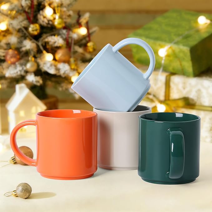 Coffee Mug Set of 4, 16oz Multicolor Ceramic Mugs in Orange, Light Blue, Cream & Green, Modern Coffee Cups, Dishwasher & Microwave Safe, Home & Office Use