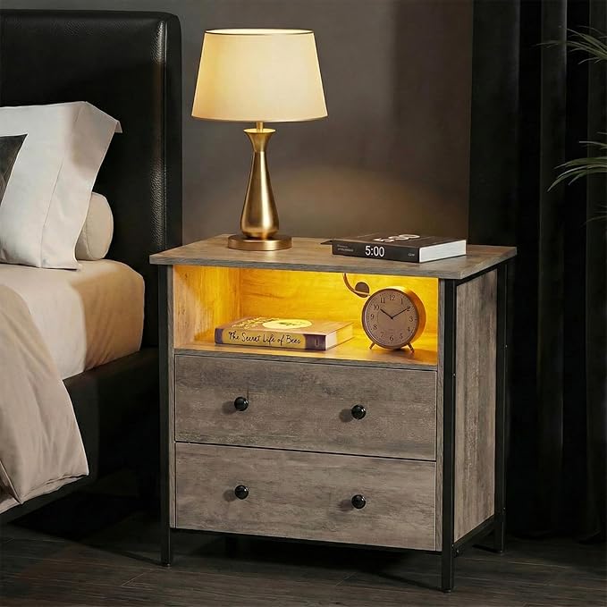 27 Inch Wide Night Stand, Large Wood Night Stand with 2 Drawers, LED Nightstand with Charging Station and Adjustable Drawer, Bedside Table for Living Room/Bedroom/Study/Office, Gray.